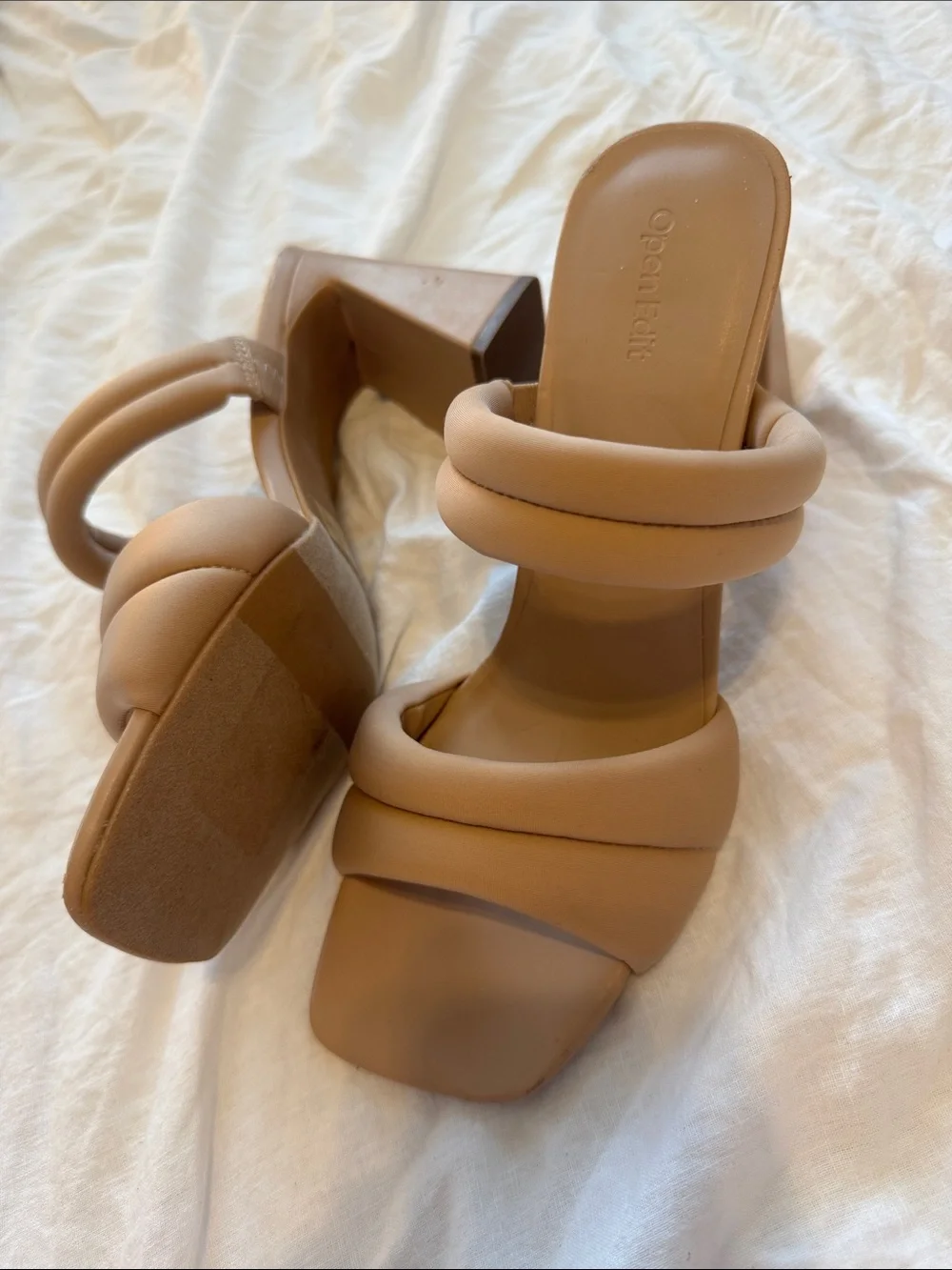 NWOT Open Edit Open Square Toe Nude Strappy Block Heels Size 10